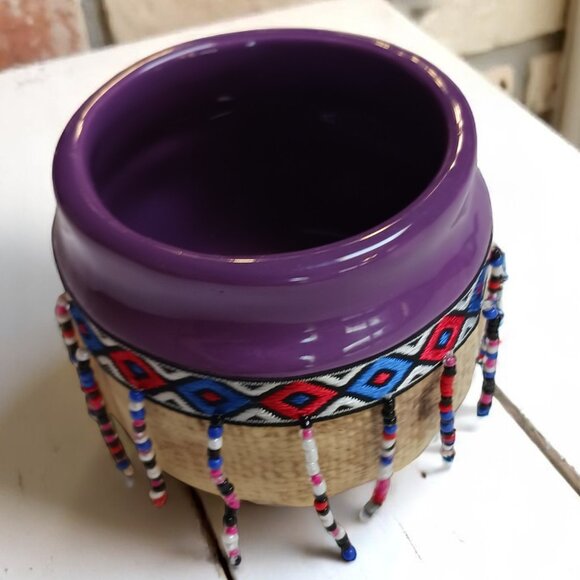 Artisan Beaded Pot –Ceramic Boho Folk Art Decor, Purple Glazed, Possibly Vintage - Picture 3 of 7